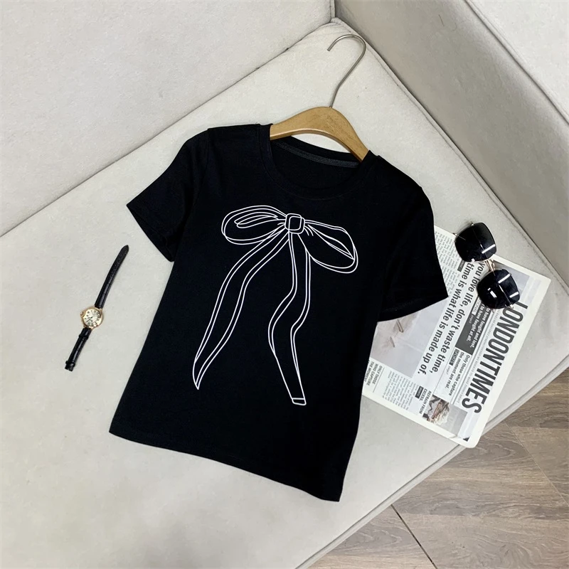 蝴蝶结印花‘’简约风纯色T恤女士夏季轻柔上衣 800786 仓