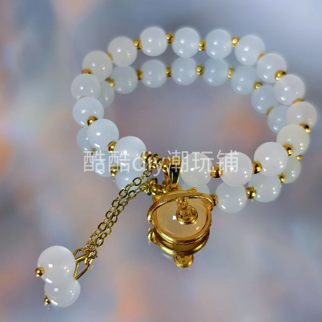 合金琉璃手链 招财猫手工气质白色轻奢时尚百搭弹力手链小众简约