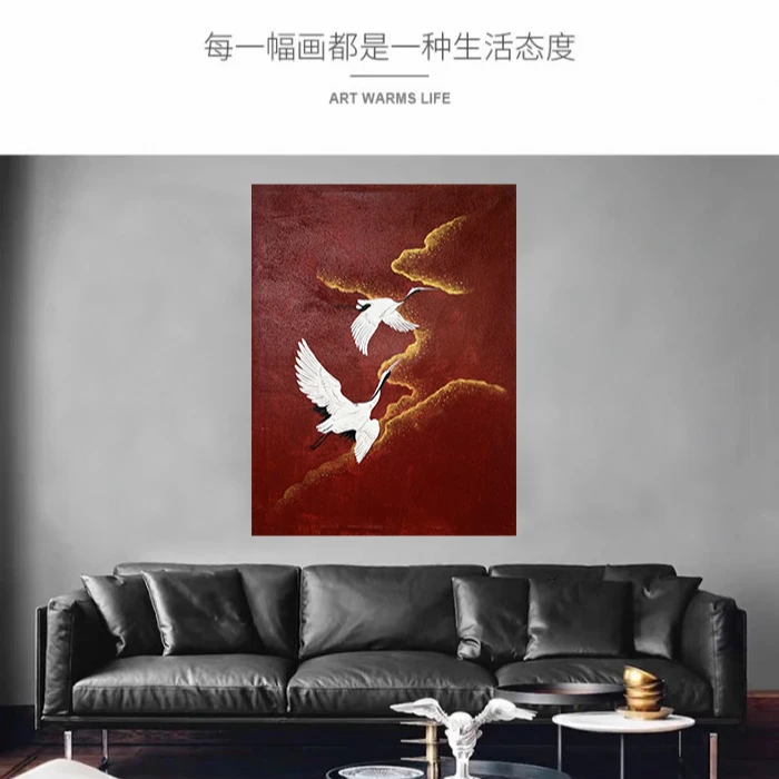 【鹤起清风】大尺寸款中式手绘油画装饰画挂画肌理画客厅餐厅玄关