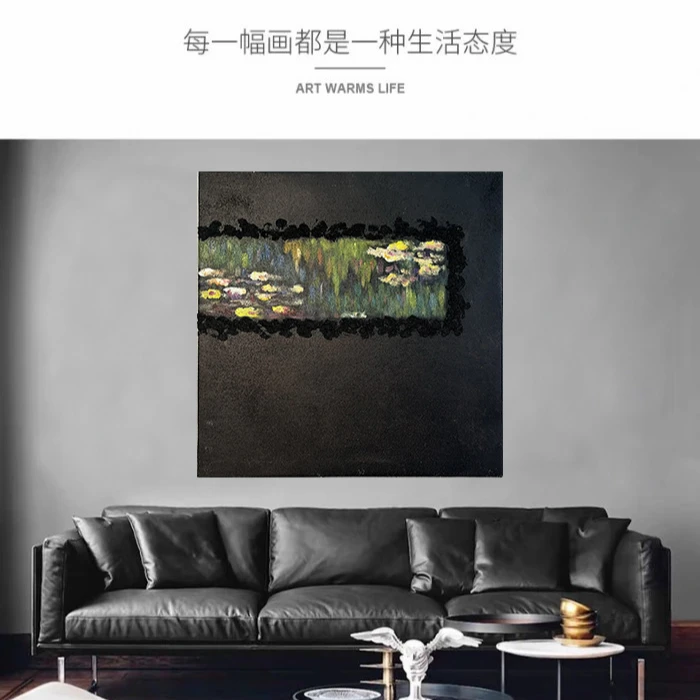 ［睡莲］中式手绘油画装饰画挂画简约石英砂肌理画客厅餐厅玄关