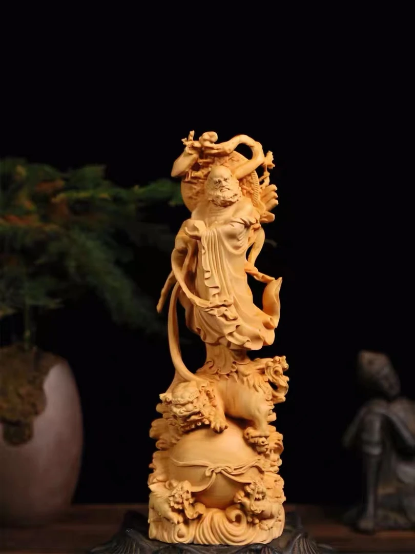 天然原木小叶黄杨木雕刻御狮达摩禅意客厅玄关家居收藏装饰品摆件