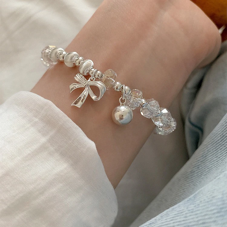 韩版S925纯银天然水晶蝴蝶结小球手链女简约手工设计甜美气质手环