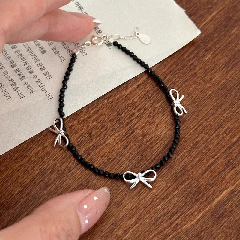 手链轻奢小众精致925纯银黑晶蝴蝶结韩版小众简约手工小清新百搭