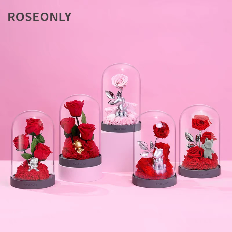 ROSEONLY永生花甜心猫独角兽钟罩礼盒装送女友礼物