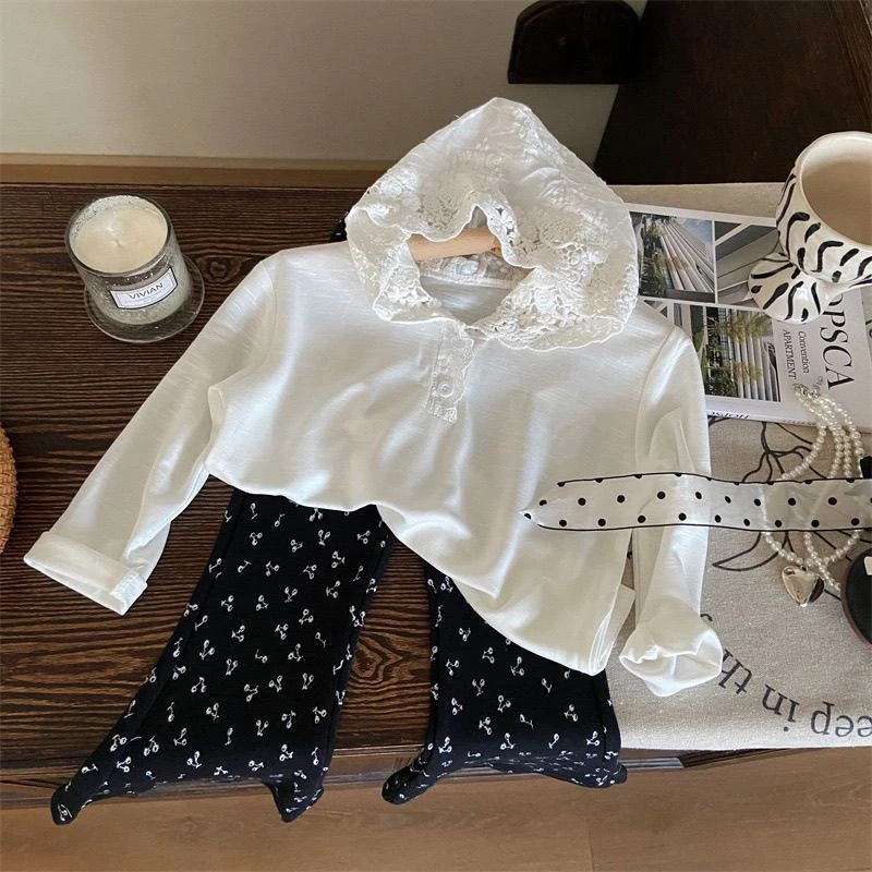 韩版童装2024新款秋季女童蕾丝长袖帽T儿童洋气樱桃喇叭裤两件套