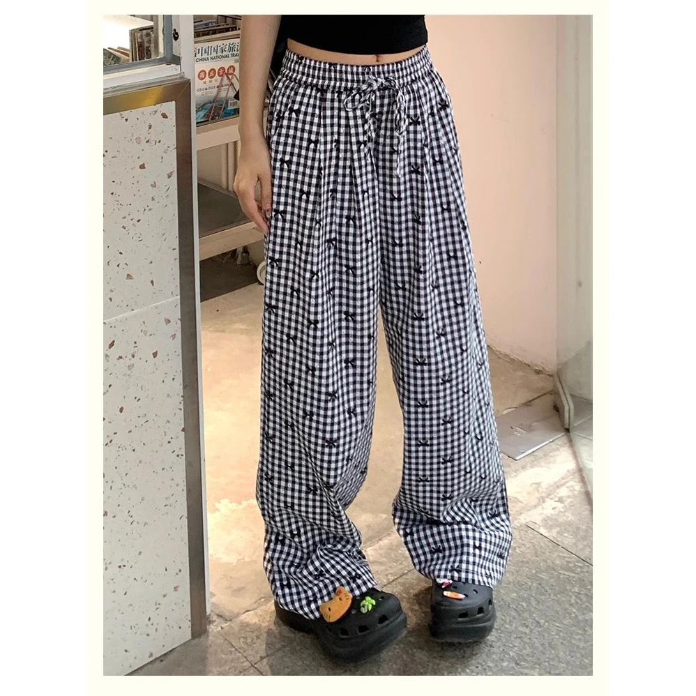 小众蝴蝶结格纹休闲裤2024夏季新款松紧腰黑白格子直筒拖地阔腿裤