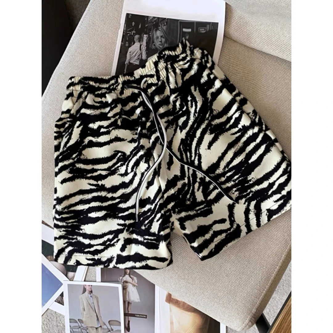 斑马纹印花凉凉冰丝阔腿短裤女小个子显瘦直筒休闲高腰a字运动裤