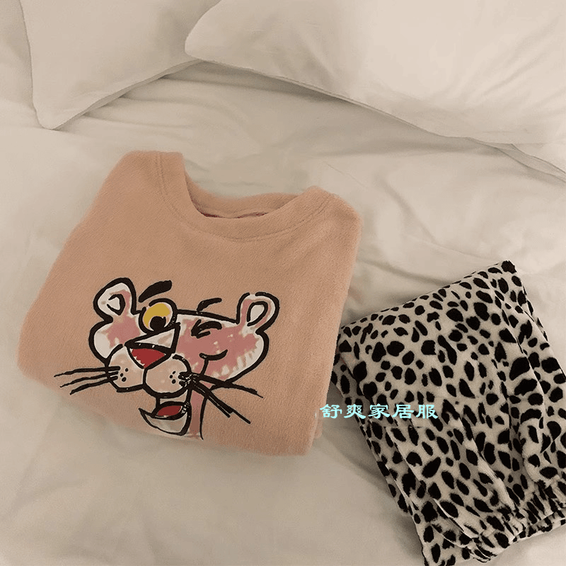 可爱粉红豹睡衣女秋冬季2023年新款可外穿珊瑚绒网红风家居服套装
