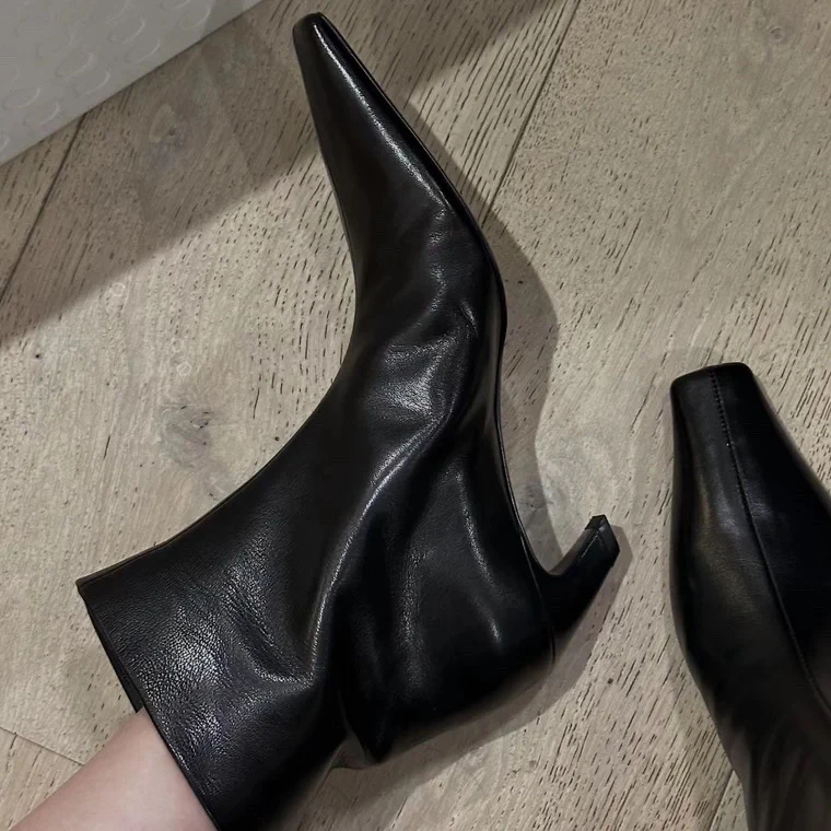 小猫跟短筒靴方头小跟靴子套筒单靴显瘦法式短靴