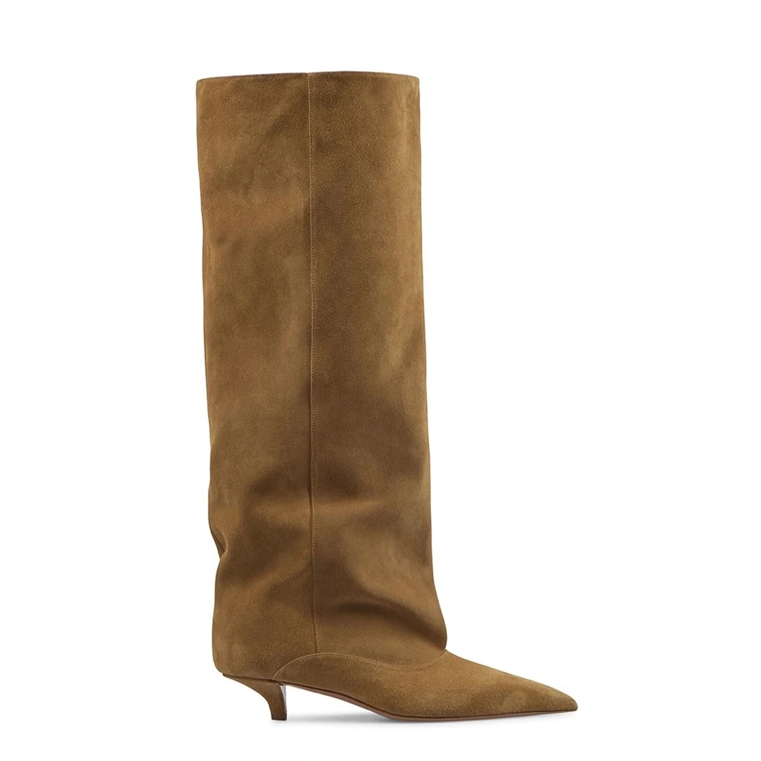 pomo猫跟长筒靴尖头瘦瘦靴翻毛皮靴子磨砂皮法式长靴