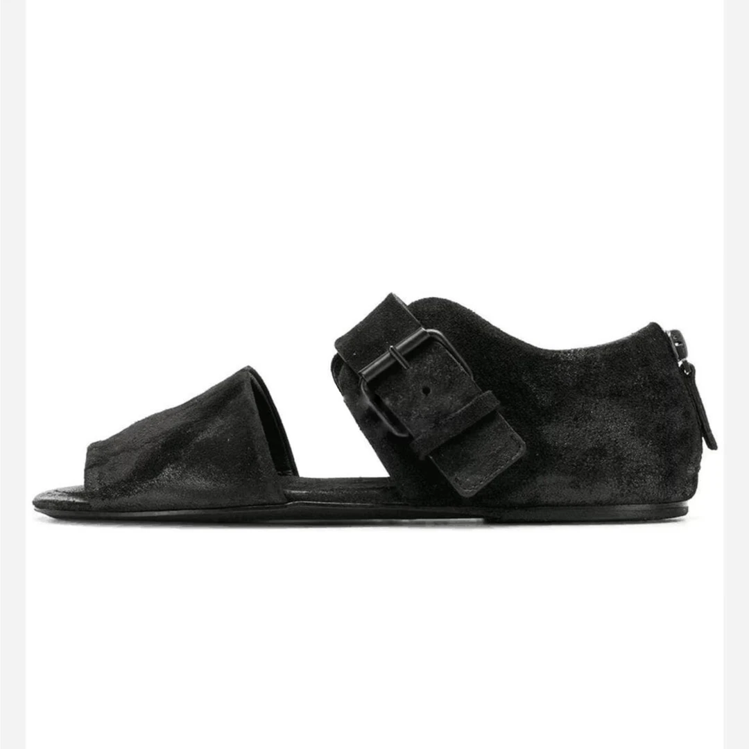 「POMO复古做旧舒适罗马凉鞋搭配裙子一字带沙滩鞋鱼嘴平底鞋