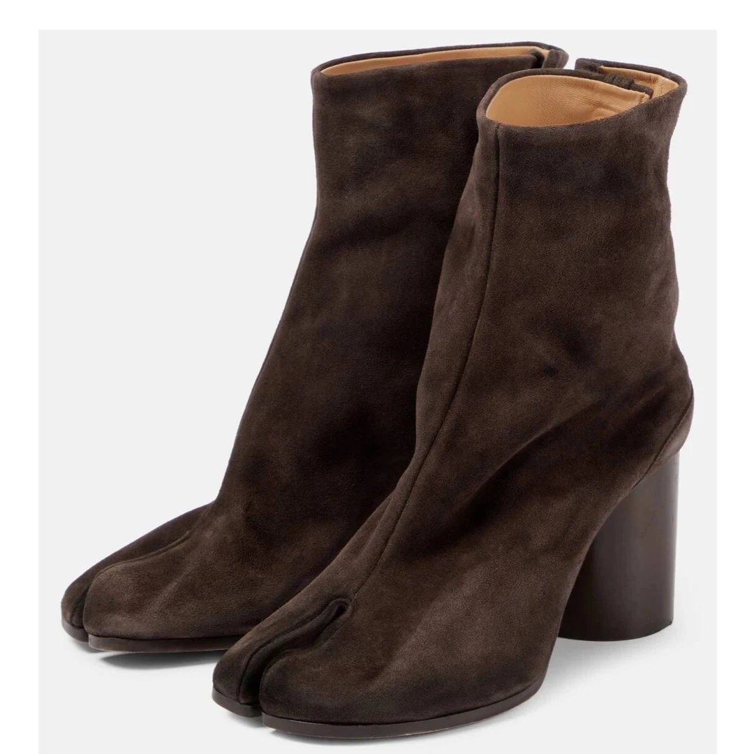 粗跟短筒靴tabi分趾鞋做旧夹趾靴复古高跟时尚分趾靴