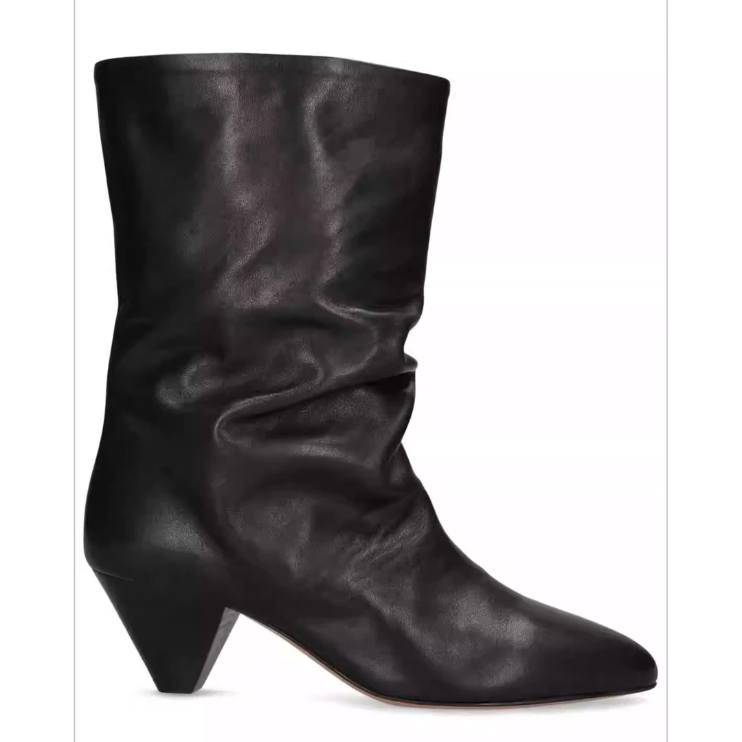 时尚靴子尖头女靴皮靴女鞋黑色长筒靴复古粗跟高跟时装堆堆靴