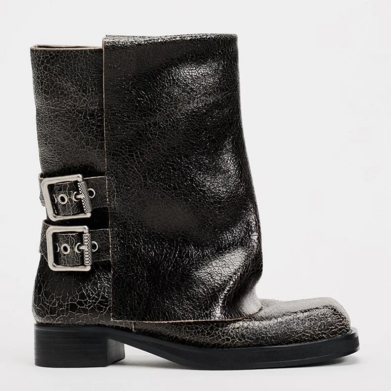 里外纯皮~爆裂纹裤管靴 高品质真皮短靴 时尚大牌马丁靴粗跟黑色