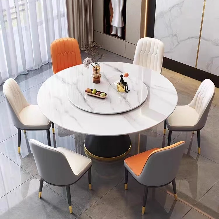 轻奢岩板圆桌带转盘家用简约北欧意式圆形吃饭桌子大小户型通用