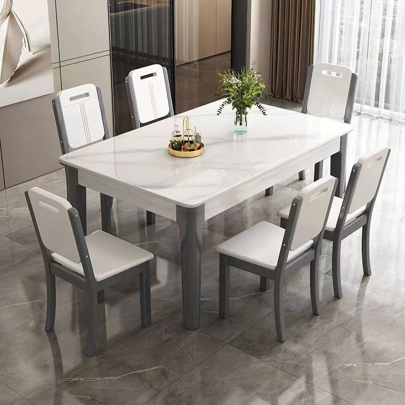 【实木岩板餐桌】长方形轻奢简约北欧家用吃饭桌子小户型一桌四椅