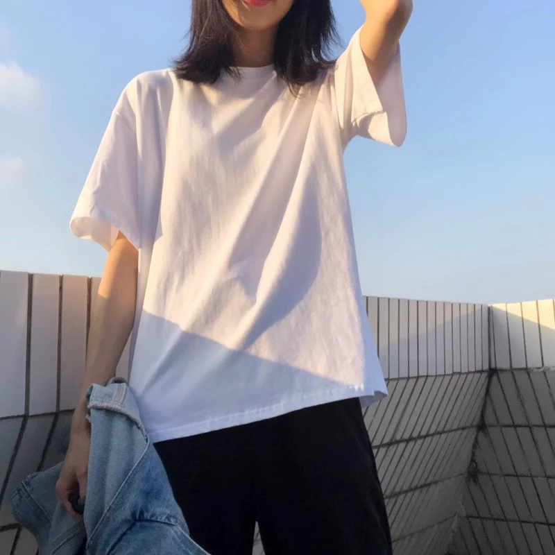 棉质黑白色短袖t恤女夏2025年新款宽松韩版大码多色网红ins超火潮