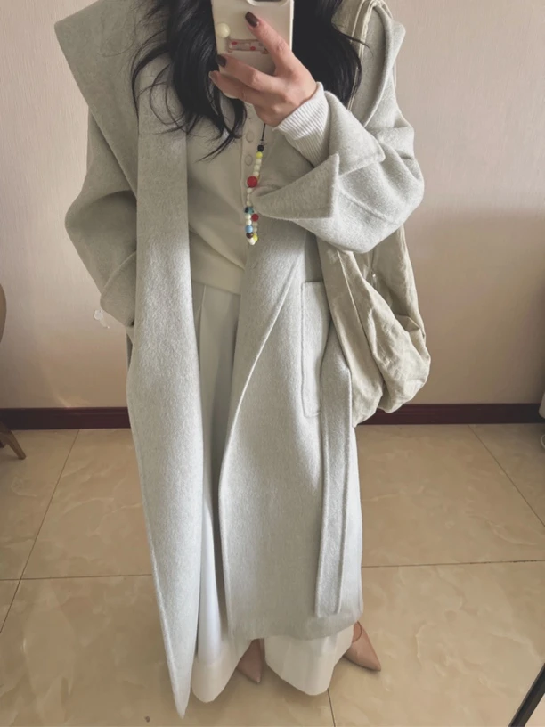 宽松慵懒风连帽双面羊毛大衣气质网红时尚百搭