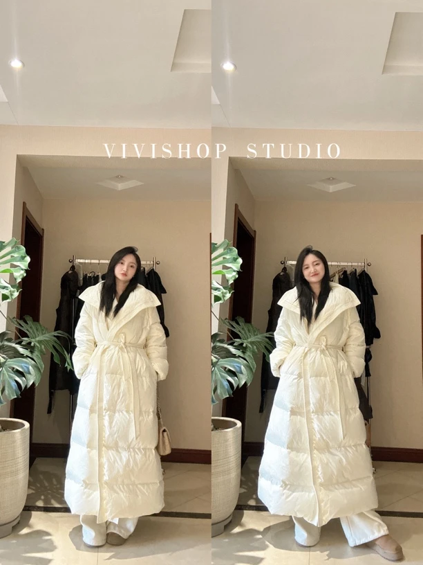 高奢长款女冬季过膝保暖简约大朵绒外套