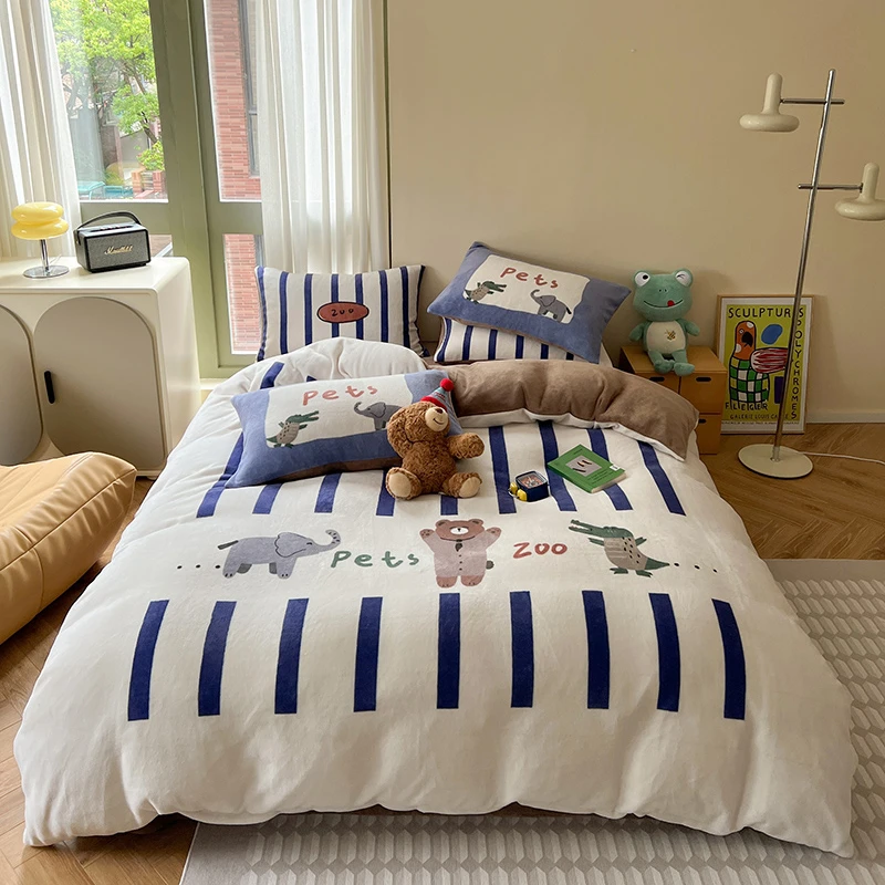 设计师款印花牛奶绒床上用品四件套双面绒床单被罩学生宿舍三件套