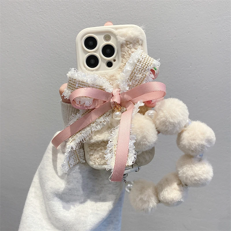 秋冬毛绒蕾丝蝴蝶结适用iPhone16promax手机壳苹果15小众14华为70