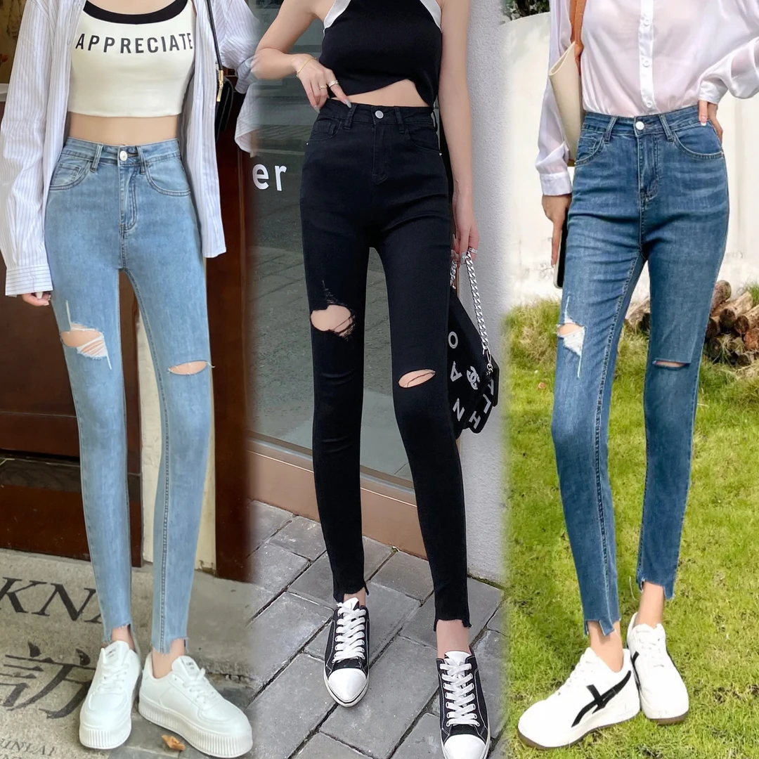 【现货】破洞紧身小脚牛仔2025年裤女夏九分修身显瘦辣妹风铅笔裤