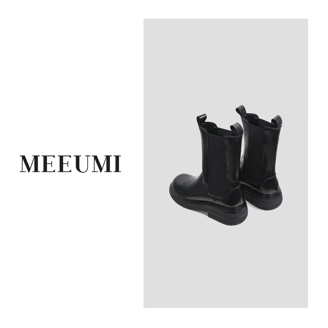 【MEEUMI】牛皮中筒靴小众设计轻奢气质英伦风黑色AC0343CJ