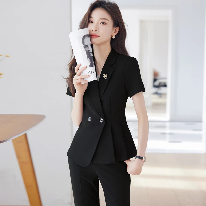 夏季薄款女神范休闲小西装外套女中长款时尚职业装套裤高级设计感