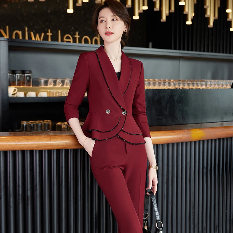 酒红色职业装女时尚西装套裙气质女神范正装美容院珠宝店工作服冬