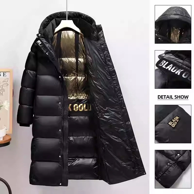 黑金长款羽绒服2024冬季新款男女情侣加厚过膝保暖外套黑色时尚