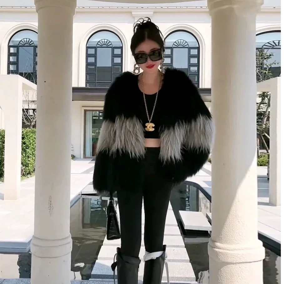 【上新-外套系列】黑灰拼接加密双面编织毛毛外套