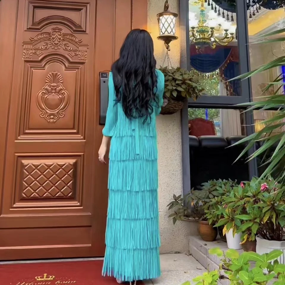 【三宅系列】6层V领前后长流苏气质连衣裙