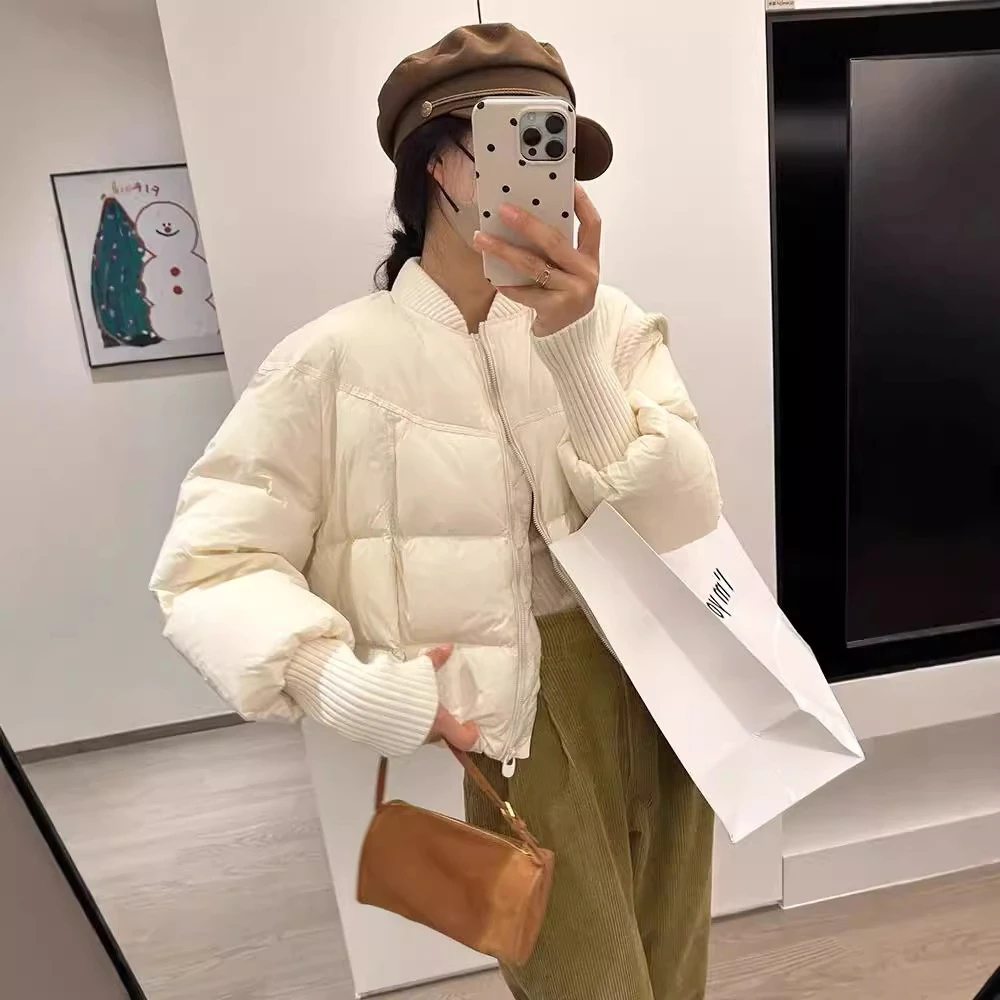 棒球领棉服女短款2024冬季立领螺纹针织拼接加厚面包服