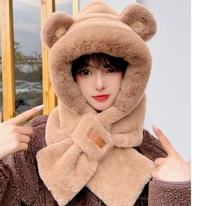 小熊帽子女冬季骑车保暖神器交叉围脖连帽一体骑电动车套头围巾潮