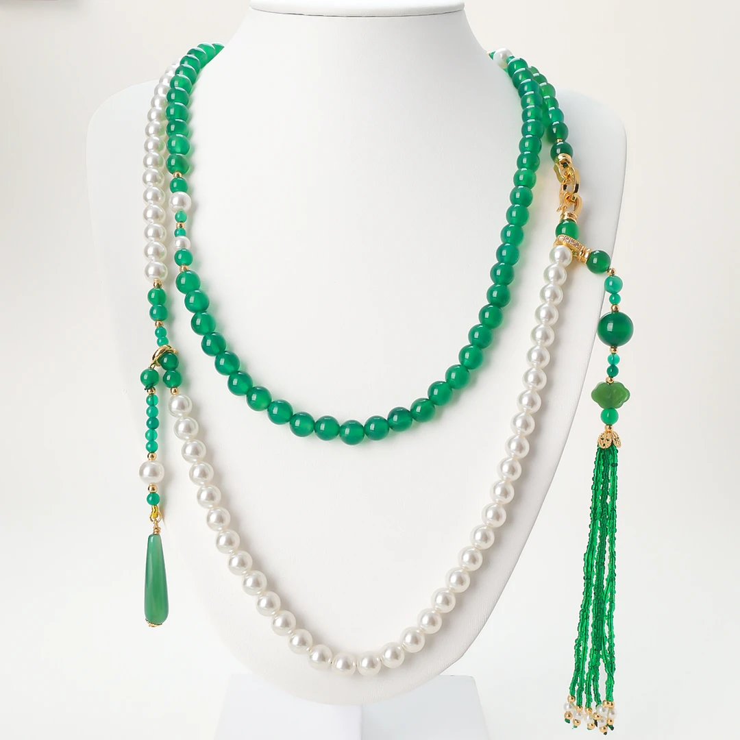 铜合金吊坠 新中式平安扣流苏串珠斜挎链长款项链国风古配饰旗袍