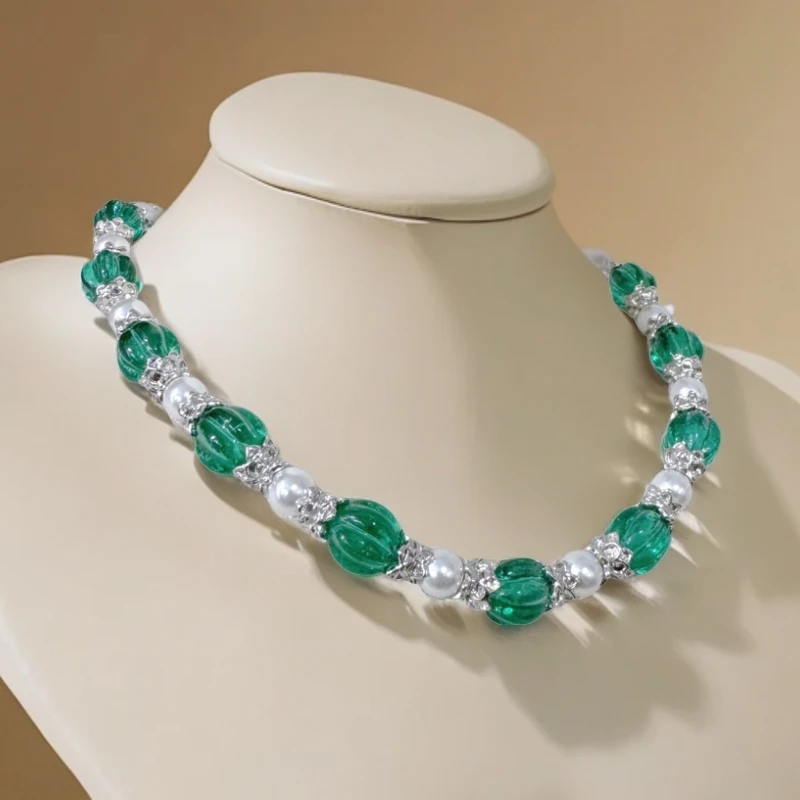 夏季新款拼接绿色锁骨链轻奢优雅小众设计高级感项链