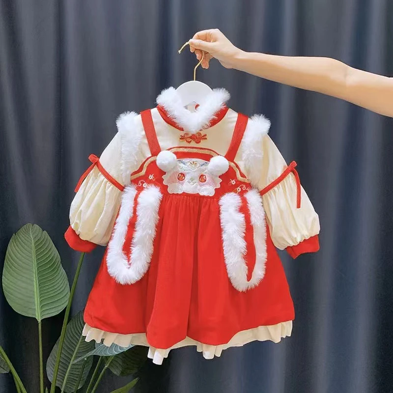 女童加绒加厚拜年服连衣裙宝宝唐装表演服秋冬季新款