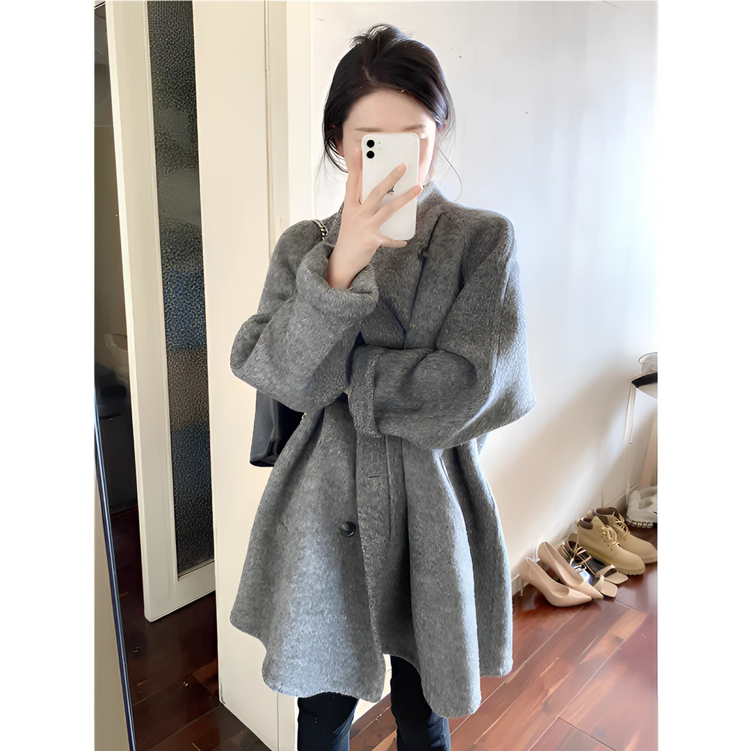 秋冬新款时尚毛呢外套女装中长款女生灰色呢子小个子穿搭韩版气质