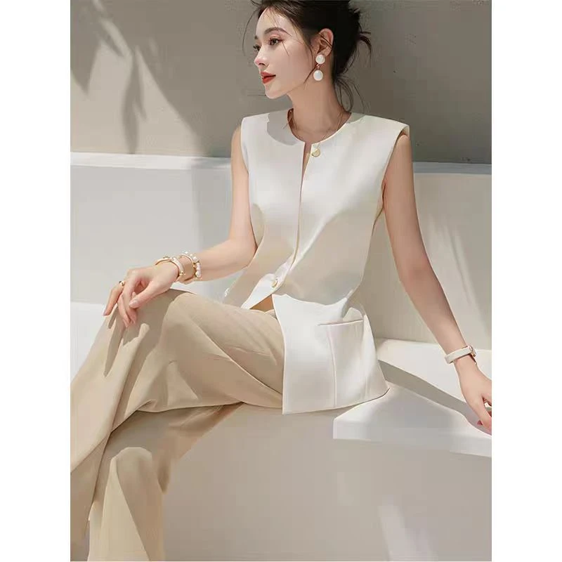 夏季新款气质轻奢时尚高级大方白色马甲卡其色宴会休闲裤两件套女