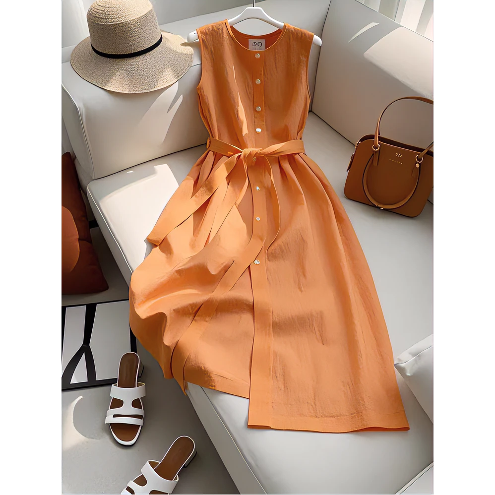 夏季新款法式时尚高级感高端精致简单大方得体气质橘色无袖连衣裙