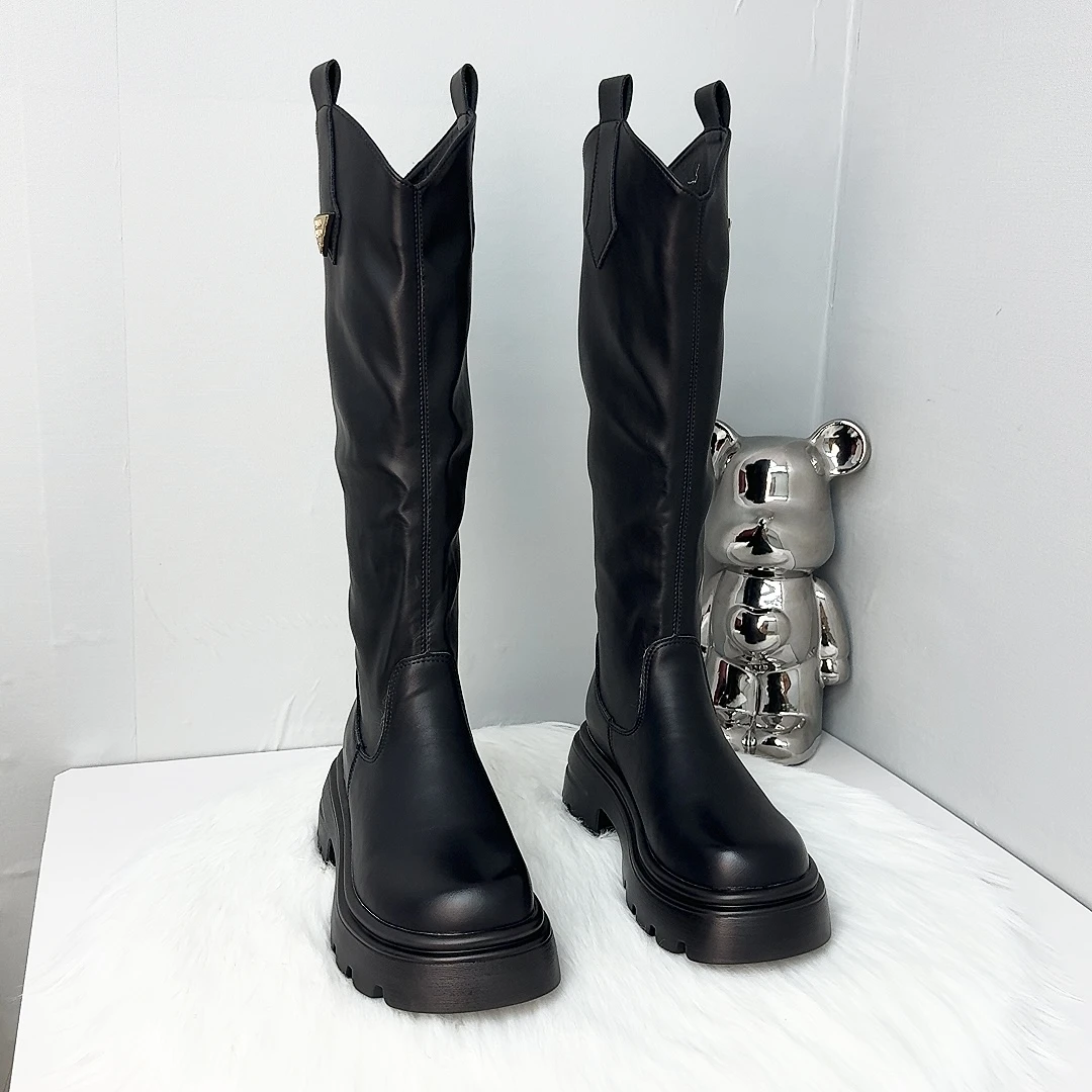 超轻软底厚底高筒靴小个子百搭骑士中筒过膝秋冬厚底高筒靴加绒