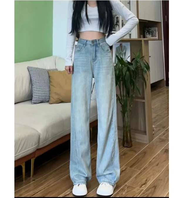 【秋季新款+现货现发】冰川蓝软牛仔刺绣高腰拖地小个子窄版阔腿裤
