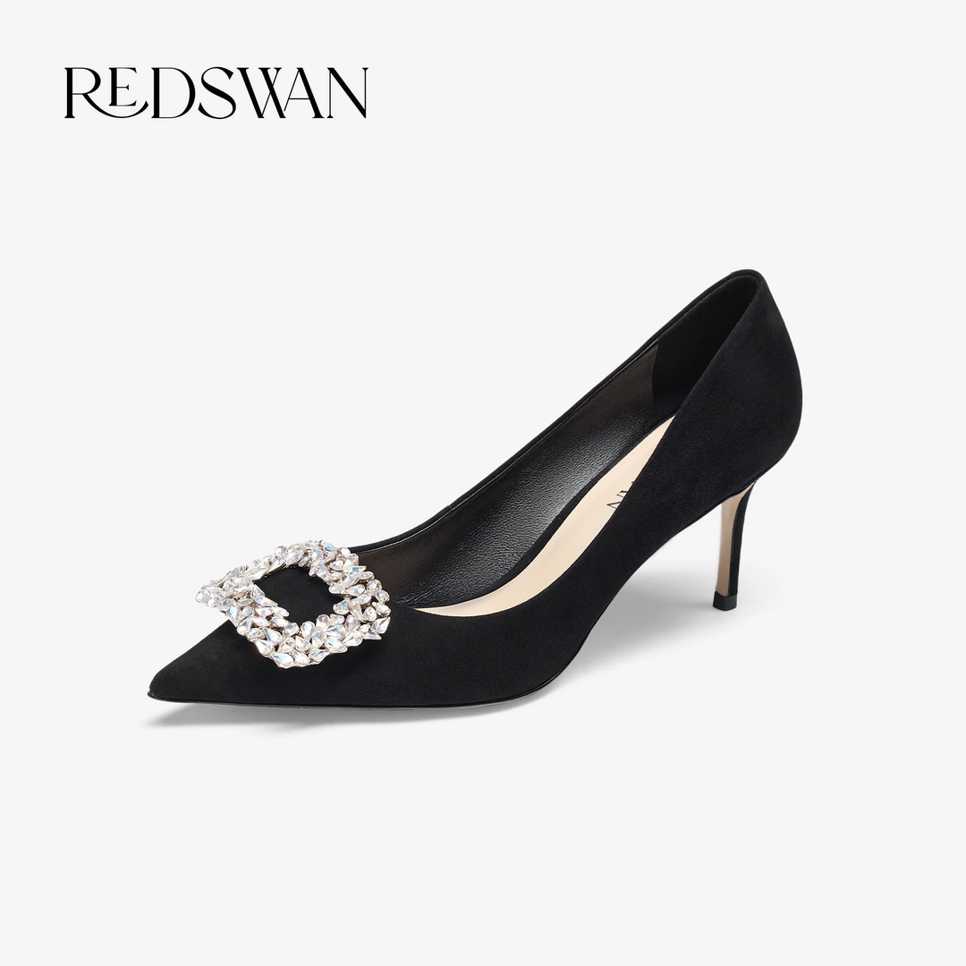 redswan 时尚细跟不累脚百搭尖头气质浅口黑色高跟鞋女士新款单鞋