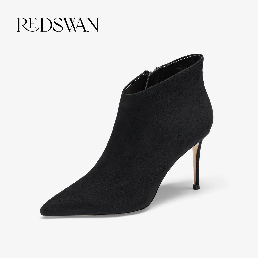 REDSWAN 真皮细高跟短靴黑色冬季女王洋气爆款气质百搭高级感简约