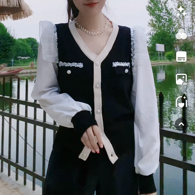 (亮片雪纺飞袖）85-170斤秋季新款女装针织衫开衫拼接外套