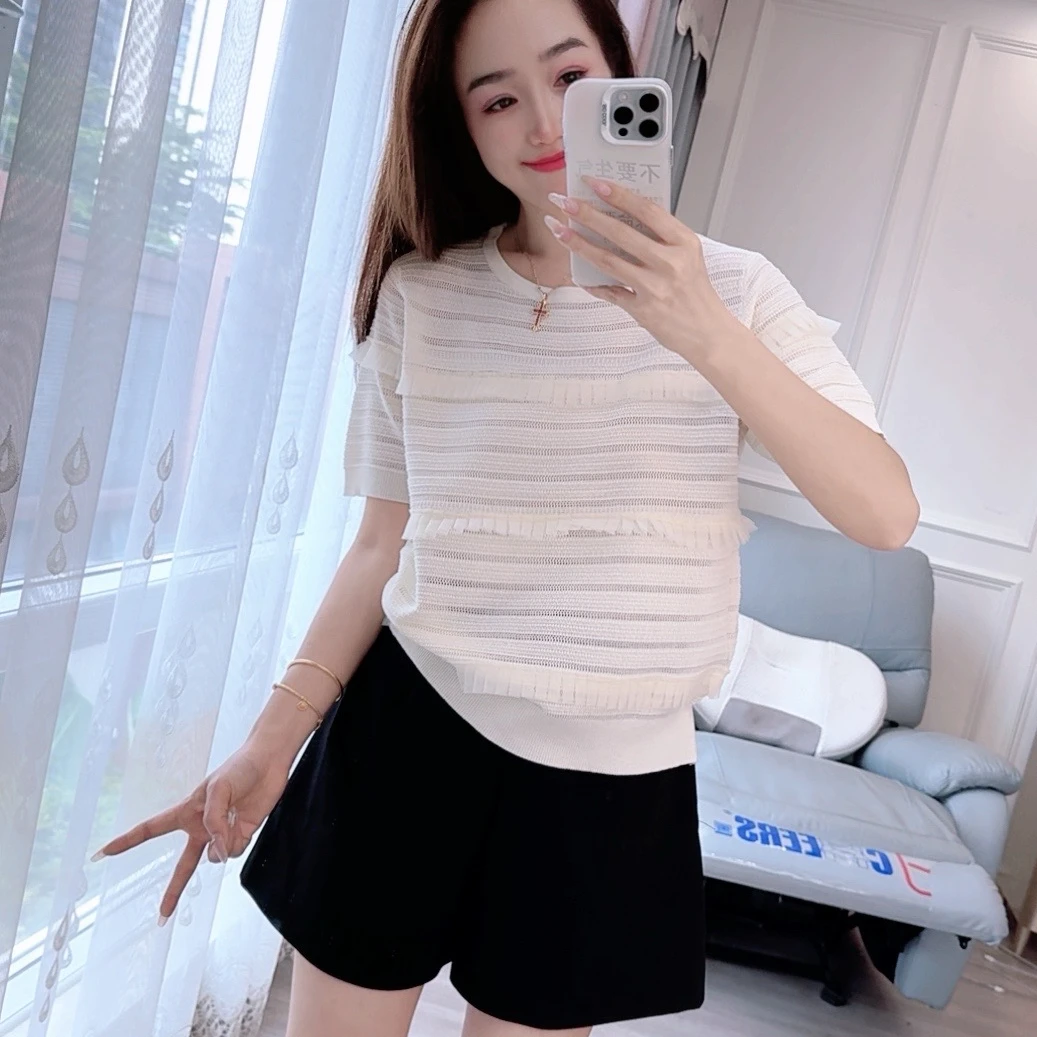 198（现货)90-170斤夏季薄针织衫宽松镂空花边大码女装套头