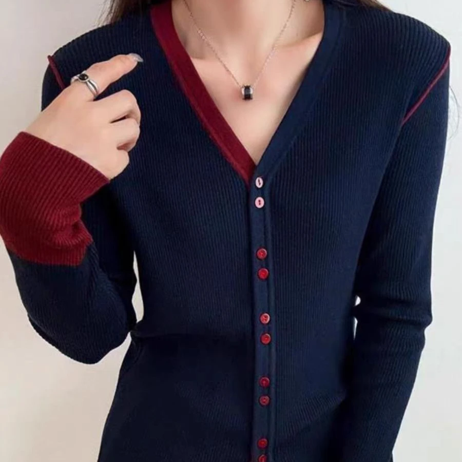 319现货秋冬季长袖针织衫打底衫大码女装拼袖长袖开衫