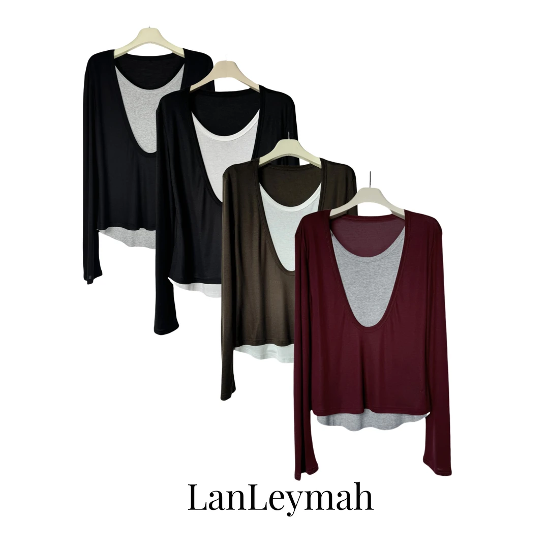 LanLeymah【拼接假两件T恤】小众撞色长袖宽松显瘦气质拼色上衣女秋