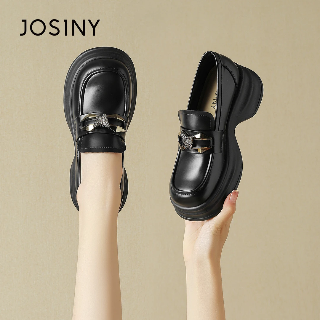 卓诗尼圆头乐福鞋女2024新款春夏厚底松糕一脚蹬女鞋黑色小皮鞋女