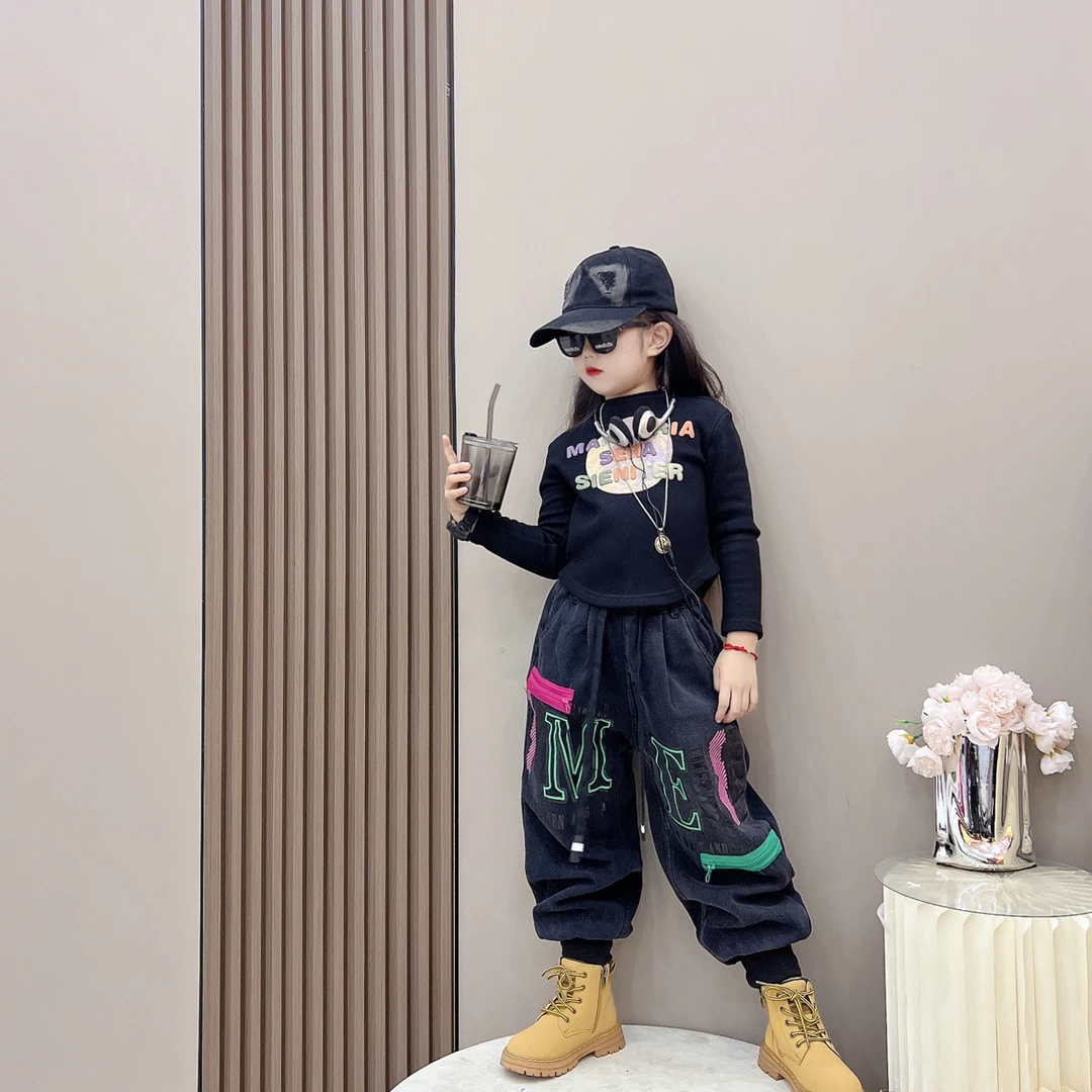 儿童冬季潮酷休闲风加绒加厚工装束脚裤中大童痞帅牛仔裤加绒长袖